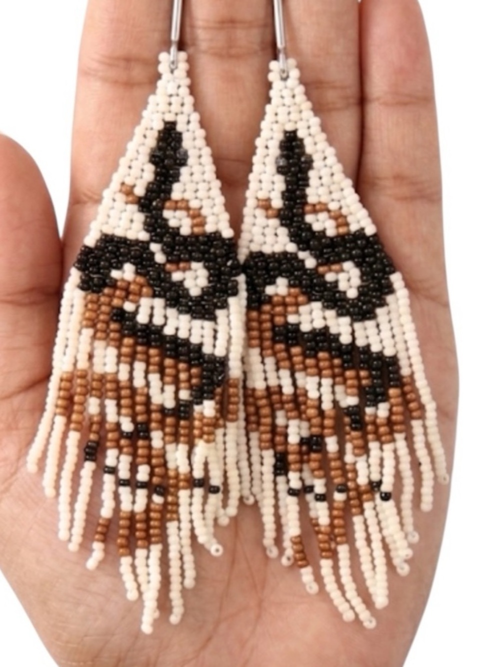 Beaded Snake Fringe Earrings Cream Brown Black Boho Statement